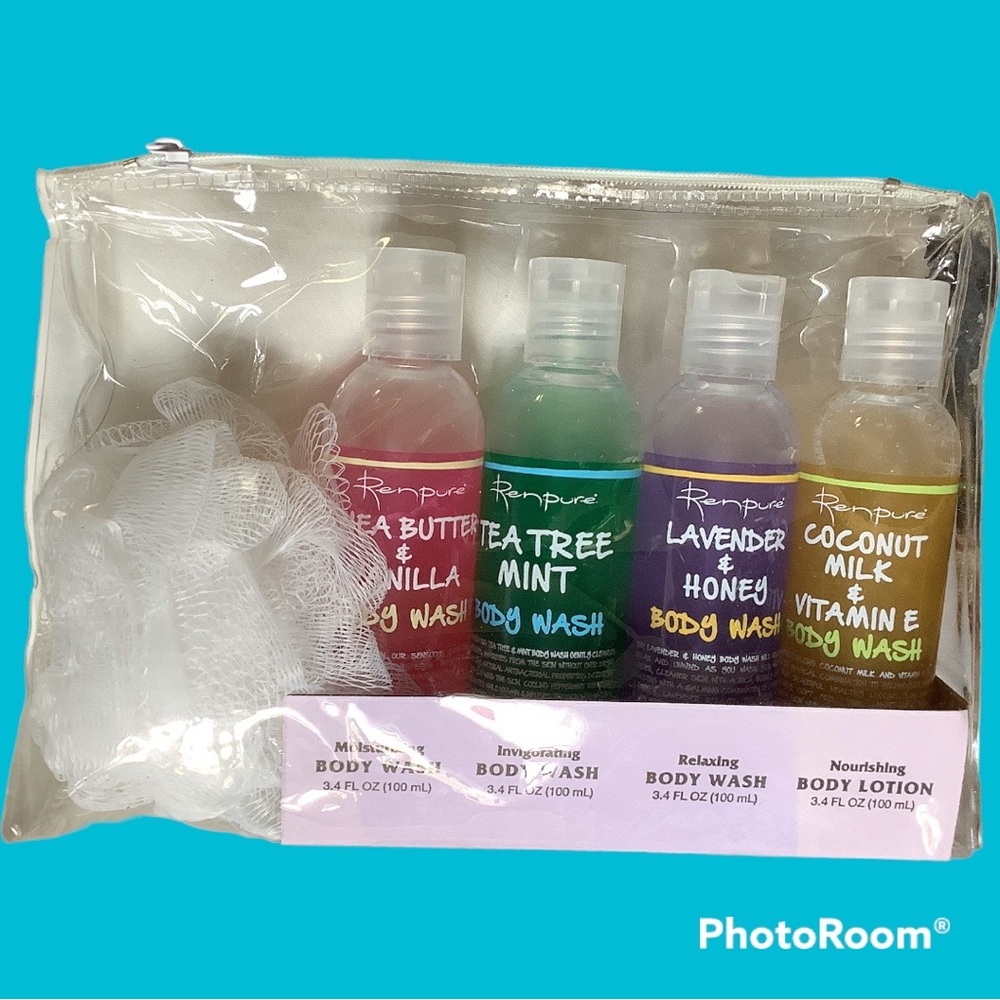 Renpure 4 Pack Body Wash Gift Pack with White Loofah, New 3.4 oz each.
